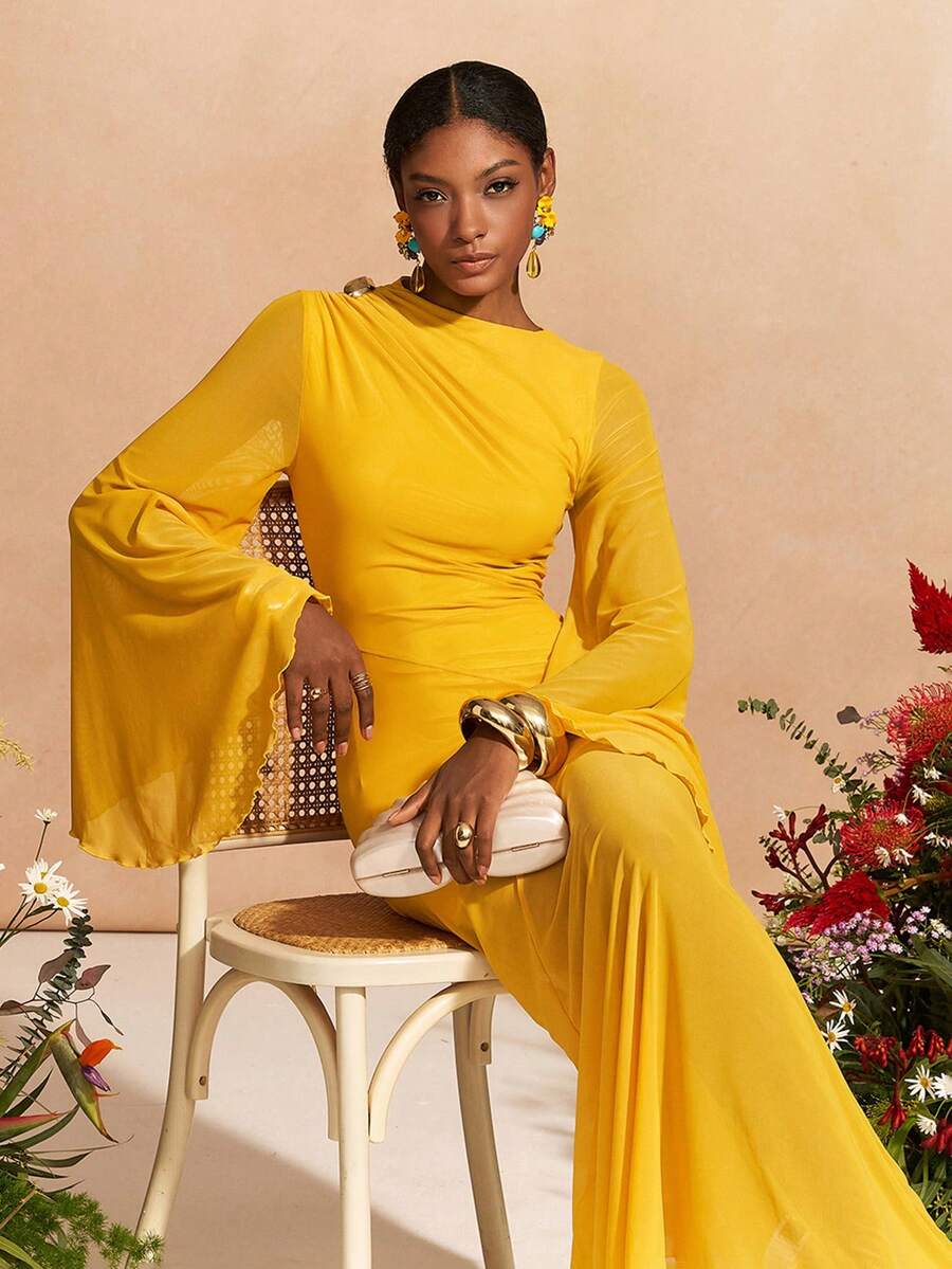 Zivah 2026春夏新款，不对称领口长袖开衩网纱透视长款连衣裙，带衬里，适合情人节、音乐节、复活节、西部风、波西米亚风、纳什维尔派对等场合，黄色 - 鵝黃色 - 查看 1