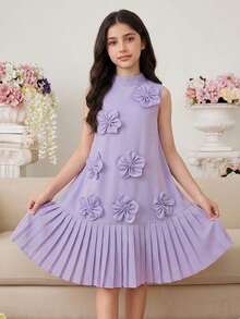 SHEIN 少女紫色纯色立领3D立体花卉装饰褶皱下摆A字无袖优雅连衣裙 - 紫色 - 查看 7