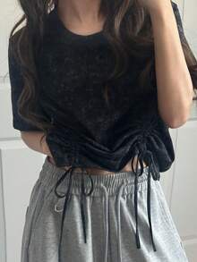 FRIFUL Camiseta holgada y versátil de manga corta con cordón, a cuadros, para mujer, primavera/verano - Gris Oscuro - Ver 10