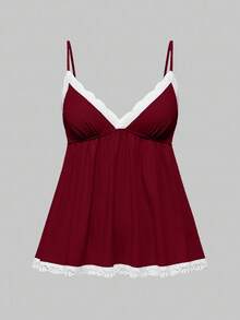 ROMWE Ribbed Lace Camisole & Shorts Casual Pajama Set - Burgundy - View 7