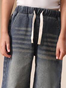 SUMWON Boys Vintage Wide Leg Denim Jeans With Drawstring Waist Casual Relaxed Fit Stonewashed Pants For Kids - Blue - View 6