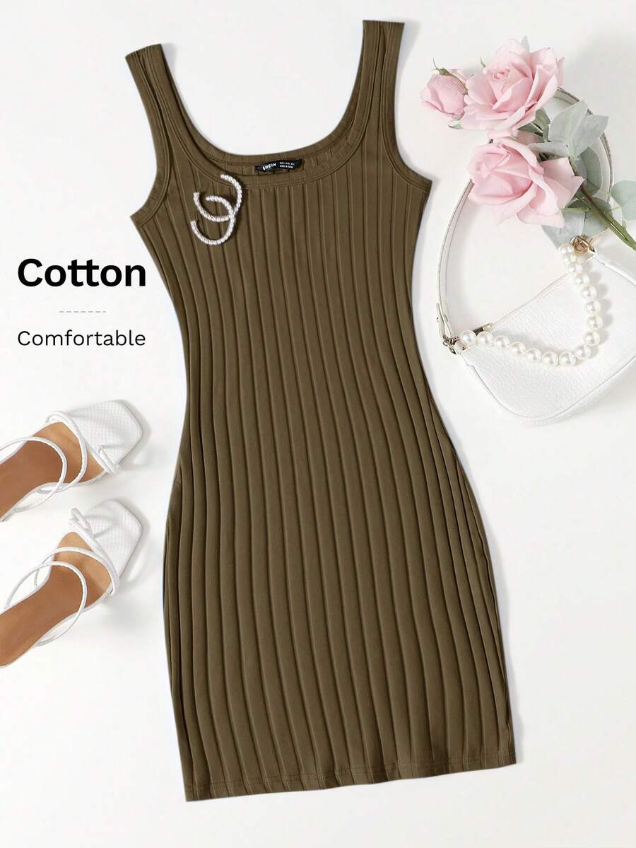 SHEIN Essnce 女士简约纯色罗纹针织吊带连衣裙，夏季 - 軍綠色 - 查看 1