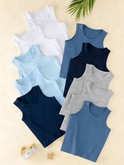 SHEIN 10pcs Young Boy Comfortable Casual Sleeveless Undershirt Vest, Simple Design Style For Easy Matching, Stretchy And Breathable Knit Fabric, Machine Washable, Comfortable Fit, And Easy Care (5pcs Sold Separately) Boys Sleeveless Tops Boys Vests Boys Undershirts Boys Tank Tops