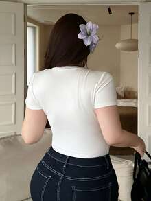 Dazy Plus Crew Neck Stretchy Fitted Casual Short Sleeve White T-Shirt, Spring/Summer - White - View 2