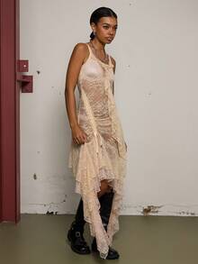 COUREZ 不对称蕾丝吊带长裙 / Y2K 冬季女装外出穿搭黑色连衣裙女式派对礼服圣诞节新年性感优雅 - 奶油色 - 查看 5