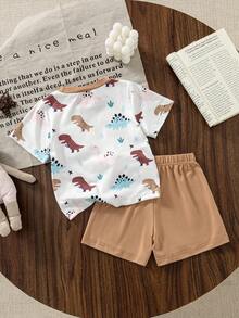 SHEIN Vintaside Kids Bộ đồ 2 món cho bé trai/bé gái: áo thun gân phối màu tương phản và quần dài màu xanh dương, trang phục thường ngày thoải mái, đa năng, phù hợp cho các dịp hè. - Màu Khaki - Xem 2