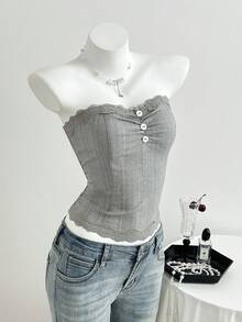 Elamini 女士夏季休闲黑色格子拼接蕾丝边修身抹胸上衣 - 灰色 - 查看 5