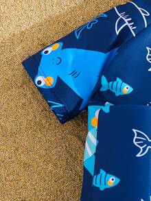 SHEIN 男童柔软针织卡通恐龙印花长袖浮力泳衣，适合夏季海滩、泳池和度假穿着 - 藍色 - 查看 5