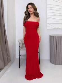 Jemour Women's Solid Color Off Shoulder Sexy See-Through Elegant Fishtail Backless Tight Graduation Season Dress - Burgundy - View 6