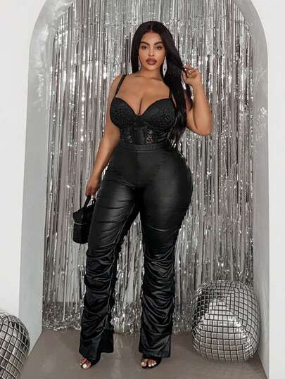 Slaydiva 2026 Spring/Summer New Arrival Music Festival, Easter, Western, Nomadic, Birthday Party, Graduation, Campus, Student, Daily Casual, All-Match Versatile, Leisure, Cruise Travel, Beach, Sunbathing, Viral , Streetwear, Brunch, Airport, Party & Holiday Women's Plus Size High Waist Black Faux Leather Leggings, Suitable For Spring, Summer, Autumn, Winter