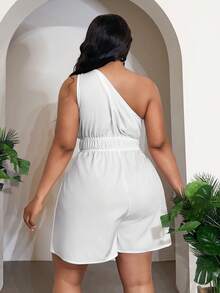 Slaydiva Spring/Summer New Arrival Vacation Casual & Daily Casual & Commute Casual & Party & Date & Outing With Friends & Beach & Seaside & Hotel Resort & Cruise Vacation Solid White Sheer Fabric Sleeveless One Shoulder Metal Buckle Decor Waist Cinched With Pockets Plus Size Short Jumpsuit, Plus Size White Romper, Plus Size Playsuit Women, Plus Size White Playsuit - A Women's Talk Dress Wrap Around Dresses For Ladies Women's Dress Y2k Dresses Wow Dress - White - View 4