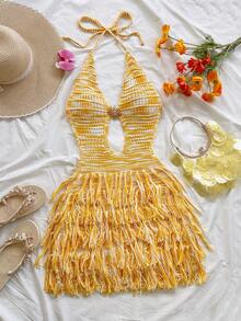 Soleia Women's V-Neck Halter Tie Back Fitted Sweater Dress, Bohemian, Boho, Vacation, Autumn/Winter - Multicolor - View 3