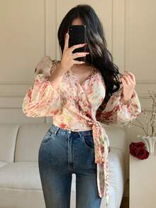 DAZY 女士印花系带灯笼袖优雅度假衬衫，春夏款 - 粉色 - 查看 7