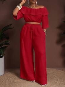 Veslaya Bộ đồ cỡ lớn 2025 mới mùa xuân/hè dành cho đi biển/hoạt động ngoài trời/lễ hội âm nhạc/phong cách nghỉ dưỡng miền Tây cổ điển/nghỉ dưỡng thường ngày/du lịch/nghỉ dưỡng thành phố. Áo crop top tay lửng trễ vai màu trắng chất liệu tre, có dây rút ở eo và túi, phối cùng quần ống rộng. Bộ đồ 2 mảnh màu đỏ dành cho nữ, bộ đồ 2 mảnh bằng len. - Đỏ - Xem 3