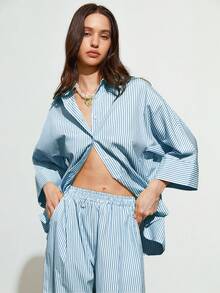Aveloria Affinna Women's Casual Striped Loose Shirt And High Waist Wide Leg Pants 2 Pieces Set - Mint Blue - View 6