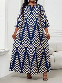 SHEIN Lady Vestido Elegante com Decote em Entalhe e Manga 3/4 para Mulheres Plus Size - Multicolorido - Visão 6