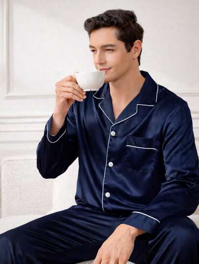 Conjunto de 2 Piezas  Pijama De Hombre Elegante Satinado Camisa Botones y Pantalon, Fresca, Comoda, Suave y Sedosa 2 Piezas Conjuntos Calidad Premiu