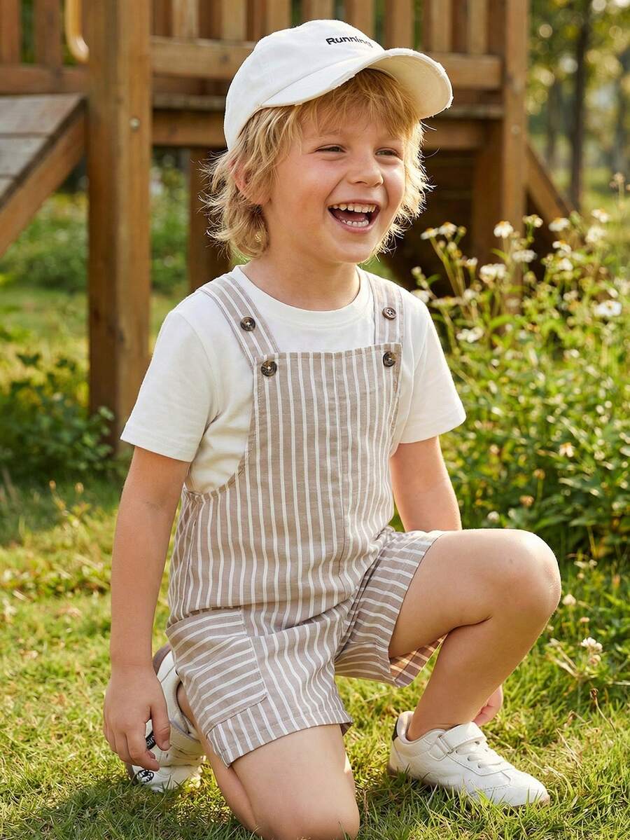 SHEIN Toddler Boys' Striped Casual Retro Minimalist Comfortable Versatile Bib Pants, Summer - Khaki - View 1