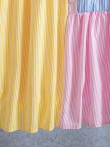 SHEIN 两件套少女休闲时尚衬衫裙+披肩套装，多色条纹撞色衬衫裙，喇叭袖，中长款连衣裙，适合度假、日常穿着、上学等场合。 - 彩色 - 查看 6