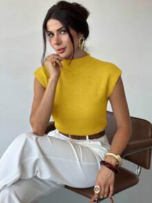 Firerie Áo len không tay cổ cao dáng rộng thanh lịch, đa năng, thích hợp mặc đi chơi hoặc đi học vào mùa thu/đông. - Màu vàng - Xem 3