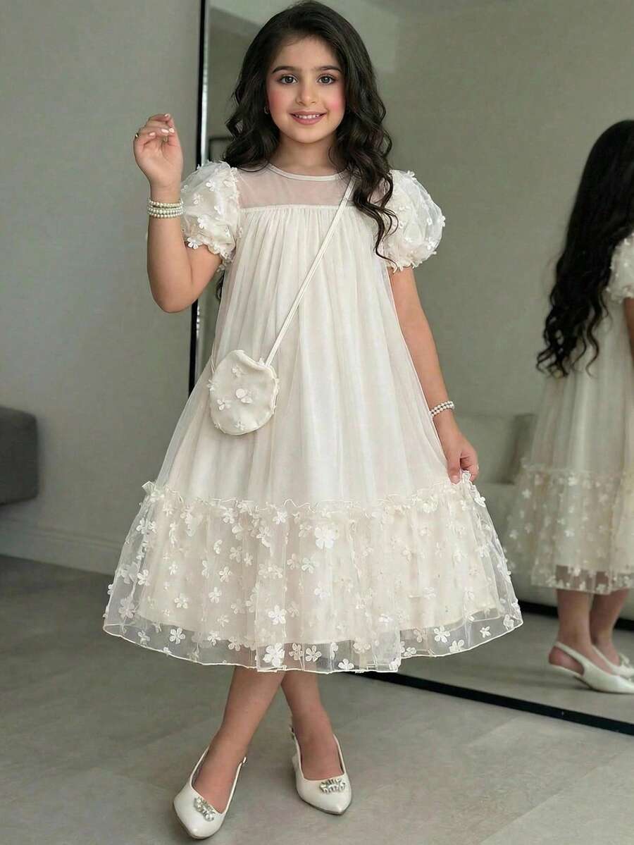 SHEIN Vestido holgado y elegante con cuello redondo, estampado floral y contraste de malla para niña preadolescente - Rosa - Ver 1