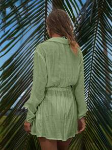 Breezaya Áo khoác ngoài nữ thanh lịch, kiểu dáng thường ngày, tay phồng cài nút, váy ngắn đi biển nhẹ nhàng, tối giản, đa năng. - xanh quân đội - Xem 2