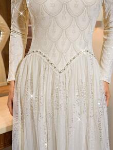 Poshira Luxury Beaded Sparkling Evening Gown, High-End Formal Dress, Elegant Dignified Lady Style - Apricot - View 5