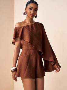 Zivah 2026春夏新款音乐节、复活节、圣帕特里克节、情人节、约会、西部风、游牧风、生日派对、毕业典礼、大学、学生、日常休闲、百搭基础款、休闲、度假、邮轮旅行、海滩、日光浴、热门款、街头风、婚礼宾客波西米亚风、通勤、早午餐、机场、派对、假日郊游、办公装、不对称肩部飘逸连体裤、亚麻棕色连体裤 - 棕色 - 查看 4