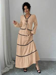 Rafferiza 2件套 法式优雅灯笼袖荷叶边蝴蝶结上衣和裙子 - 卡其色 - 查看 5