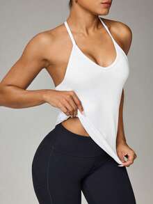 Easithlete Solid Color Mesh Patchwork Racerback Camisole, Summer Activewear - White - View 5
