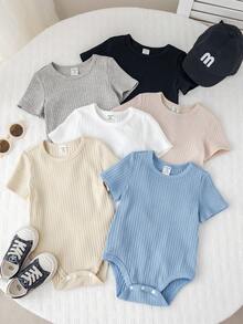 SHEIN 6件套男女宝宝通用新生儿100%纯棉休闲纯色弹力罗纹短袖连体衣套装，易于穿脱，春夏款 - 彩色 - 查看 7