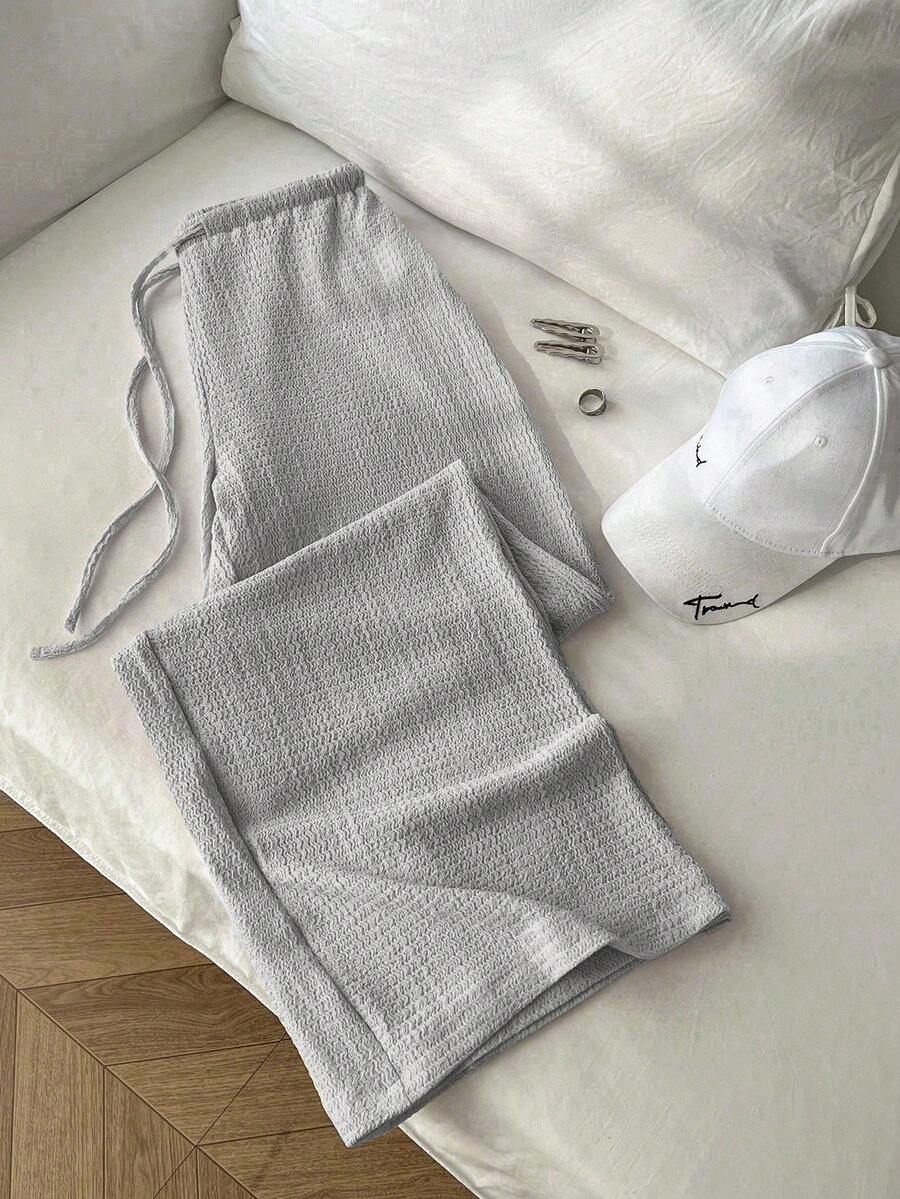 Flirla Light Grey Summer Casual Loungewear Women's Vintage Textured Relaxed Elastic Waist Pants,Minimalist Commuter Straight Leg Flowy Trousers - Grey - View 1
