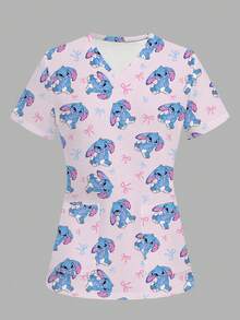 TaskEZ Cute Rabbit Print Women's Scrub Uniform Top - Multicolor - View 6