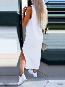 INAWLY Einfarbiges Rundhals-Ärmelloses Lässig Loose Fit Tanktop Kleid mit Schlitz-Saum - Weiss - Übersicht 3
