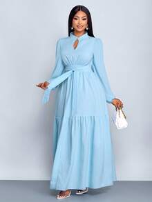 SOLERSUN 大码女装纯色宽松休闲立领前开衩水滴扣高端设计长袖腰带修身A字长裙，优雅舒适休闲时尚通勤气质连衣裙，新款，日常穿着，新年、秋季、冬季、约会、圣诞节，女装 - 淺藍色 - 查看 4