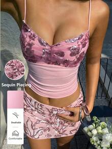 FavEase 女士亮片拼接针织弹力面料吊带背心，休闲及节日服饰 - 粉色 - 查看 1