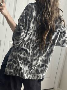 FRIFUL Women's Oversized Round Neck Short Sleeve Loose Leopard Floral Print T-Shirt - White - View 6