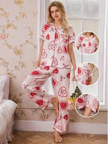 CottageSlumber Heart Print Lapel Women Pajama Set Valentine's - Red - View 2