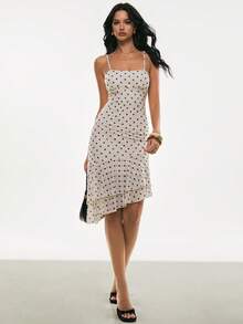 Poéselle 女士波点印花褶皱不对称荷叶边下摆时尚吊带连衣裙 - 米色 - 查看 7