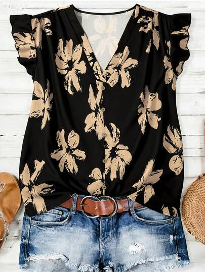 EMERY ROSE Plus Size V-Neck Floral Print Casual Blouse For Women, Ruffle Sleeve Design, Comfortable Elegant Plus Size Shirt, Shoulder Pleated Beach Resort Wear Short Sleeve Top