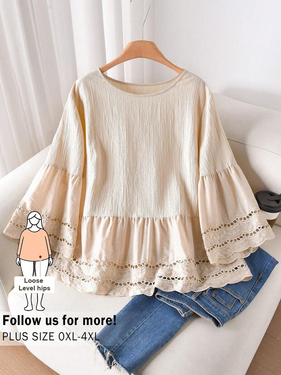 CosyJoli 大码女式休闲杏色镂空花卉蕾丝拼接衬衫，适合夏季度假 - 杏色 - 查看 1