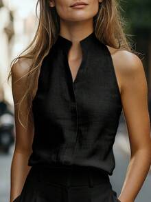 Balvessa Top sin mangas de cuello alto con apariencia de lino para mujer, versátil y estilizador para el uso diario - Negro - Ver 3