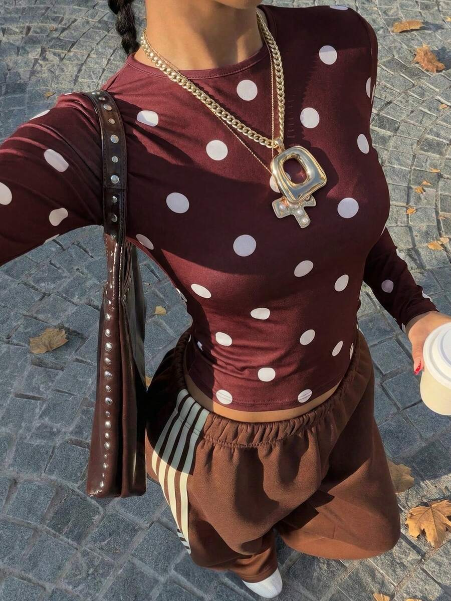 Muchica 休闲黄色波点针织女式圆领长袖T恤 - 棕色 - 查看 1