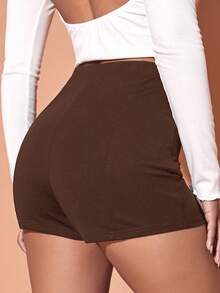 SHEIN Essnce Quần short nữ dáng ôm, màu trơn, thiết kế khóa kéo bên hông, kiểu dáng thường ngày. - Cà phê nâu - Xem 2