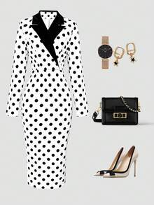 Franclia 女士波点拼接中长连衣裙，通勤连衣裙，办公室套装，职业装，修身铅笔裙，优雅连衣裙，黑白拼接连衣裙 - 黑與白 - 查看 3