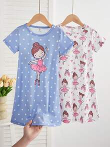 2件套女童可爱卡通绵羊印花睡衣套装，简约时尚粉色和灰色，睡衣 - 彩色 - 查看 3