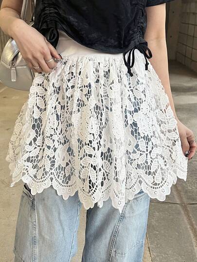 FRIFUL Women's Casual Fashion Vacation Style Water-Soluble Lace Semi-Sheer Skirt, Can Be Worn As Sarong