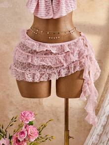 Bellisia 女士春夏沙滩罩裙，清新甜美俏皮镂空蕾丝多层荷叶边蛋糕裙，甜美可爱，性感优雅，适合沙滩、度假、日常穿着。2026新款女士泳装到货，适合上学、度假、约会、下午茶、西式、邮轮、海岛、公路旅行、四季皆宜、音乐节、波西米亚风度假、凉爽秋季、西部波西米亚风，优雅女士活力假日彩色印花波西米亚风 - 淺粉色 - 查看 3