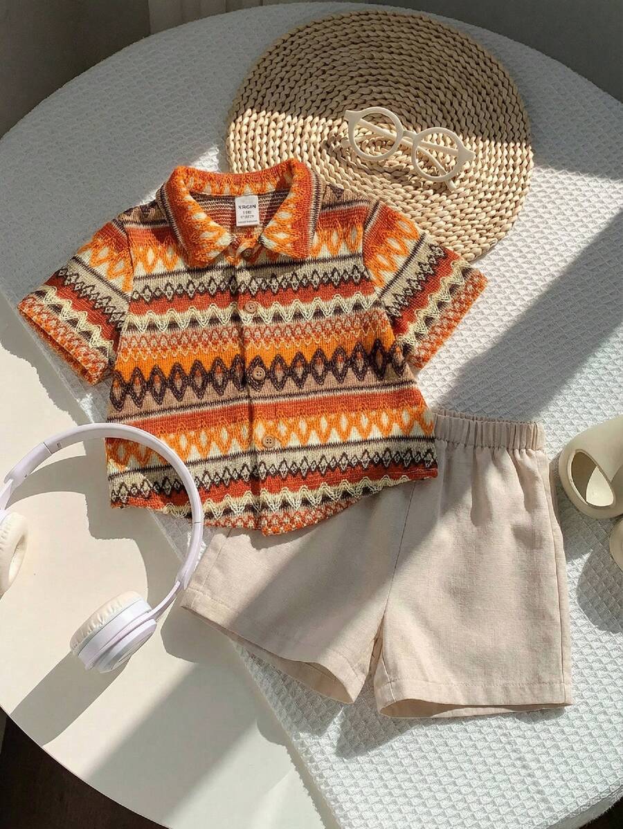 SHEIN 2pcs Baby Boys Texture Knit Shirt And Khaki Casual Shorts, Suitable For Vacation, Birthday Party, Rave, Evening Party, Performance, Wedding, Baby Shower, And 1st Birthday Celebration - Multicolor - View 1