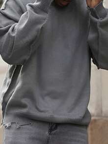 Heavens Edit Autumn/Winter Unisex Street Style Minimalist Long Sleeve Crew Neck Pullover Sweater With Fringe & Distressed Details, Loose & Comfortable - Grey - View 5